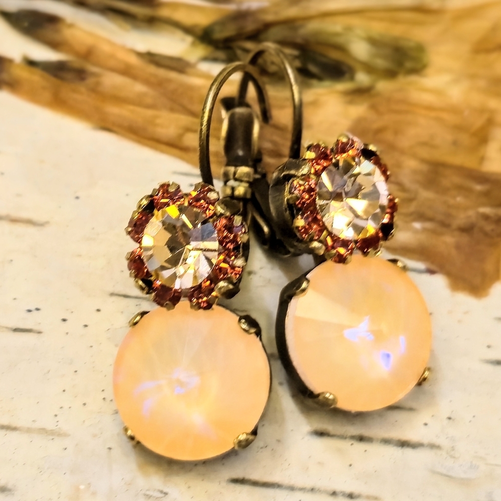Peach & Orange Blush Crystal In  Drop Down Brass Earrings